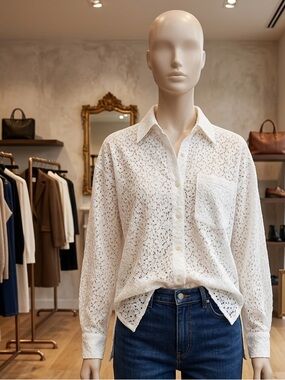 Express White Eyelet Button-Down Shirt